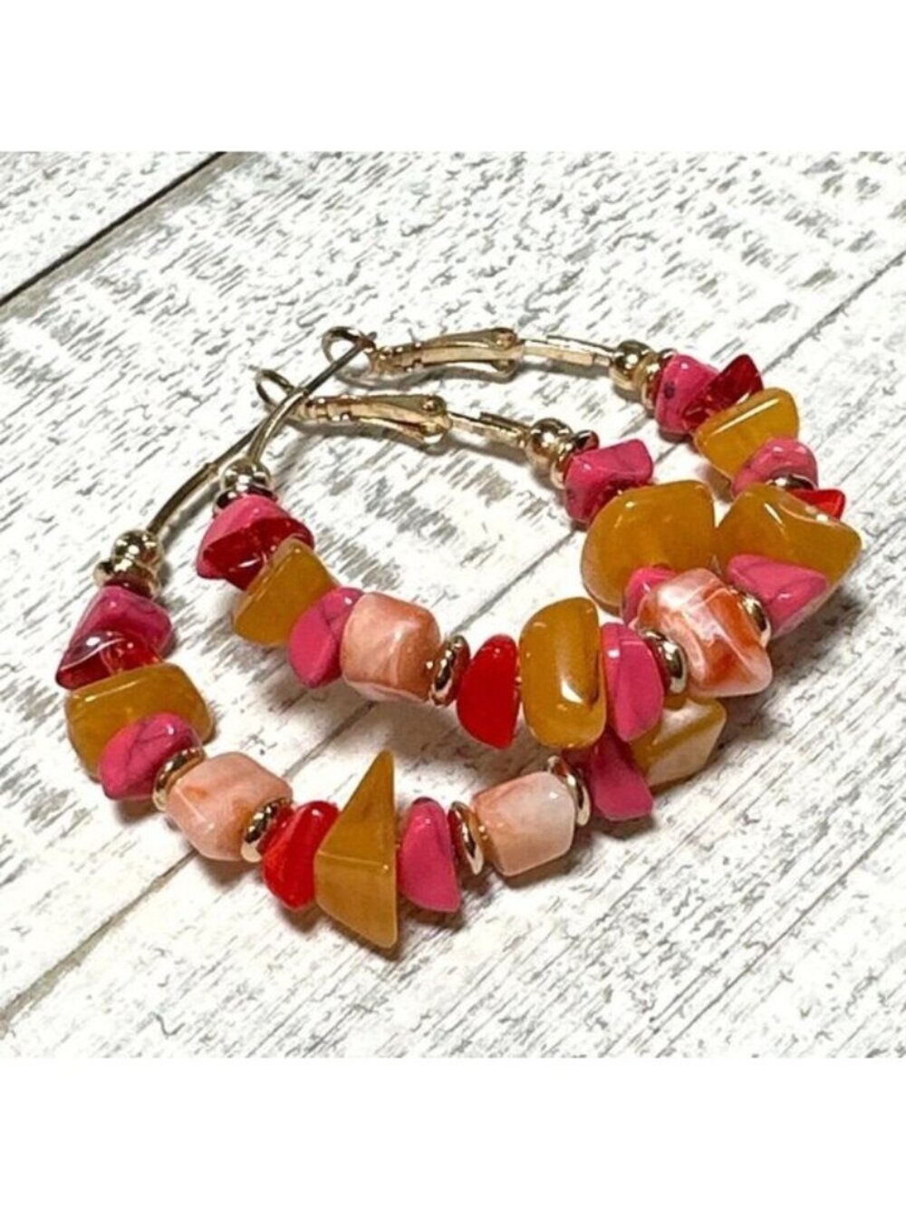 Beaded Hoop Earrings With Multicolor Stones Gold Accents
